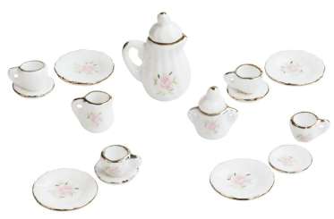 3481174 Mini-Kaffeeservice 1 - 3,5 cm, weiß-rosa m. Goldrand, 15 Teile 