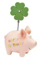 3870417 Schweinchen+ Kleeblattclip Happy Birthday 11x6,5cm 
